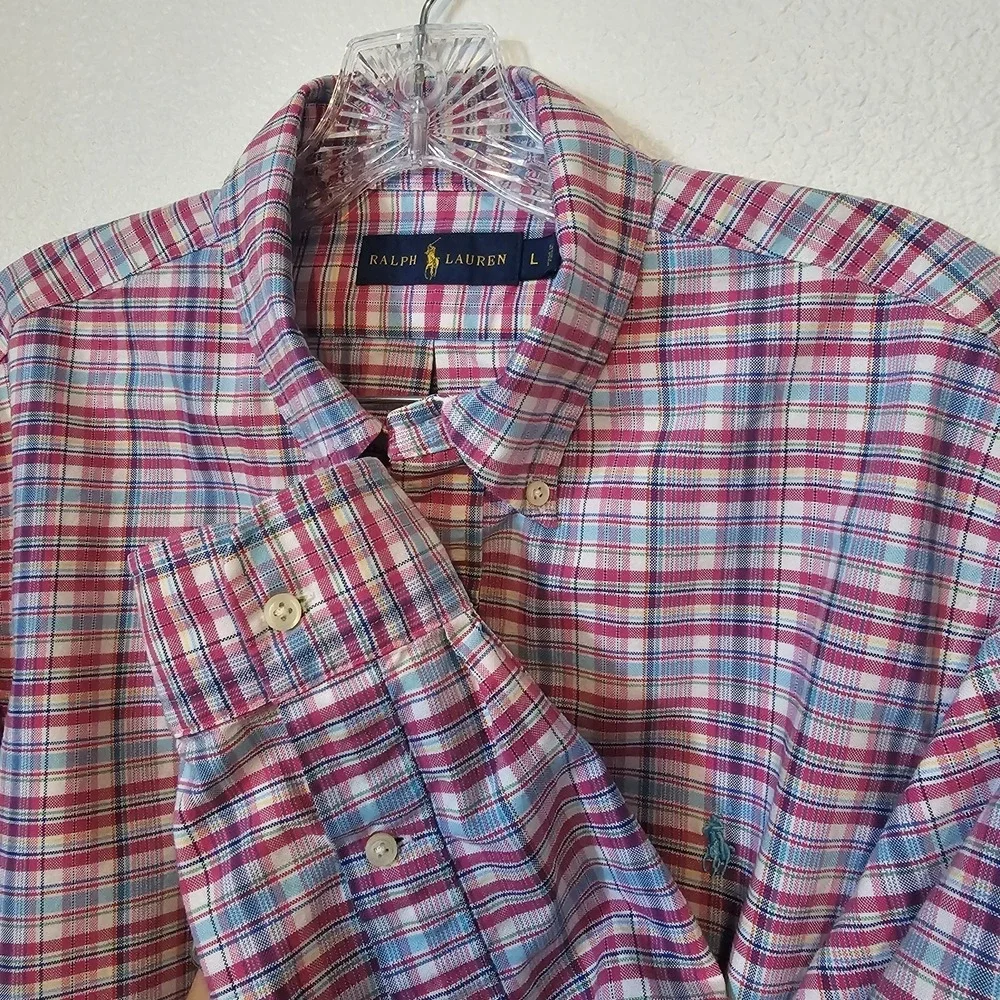 Ralph Lauren Blue and Pink Plaid‎ Longsleeve Button Front Polo Men's Size Large